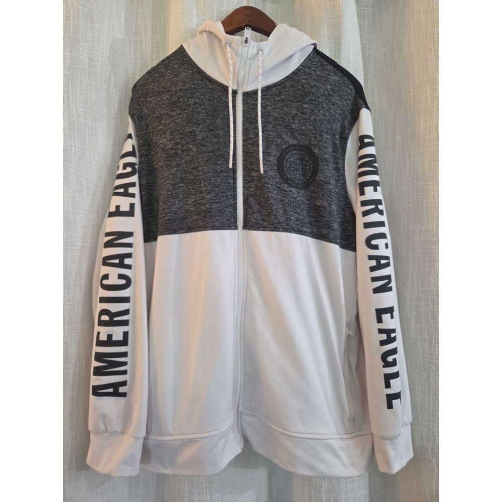 American Eagle Full Zip Hoodie Logo Arms White-Grey Size XL